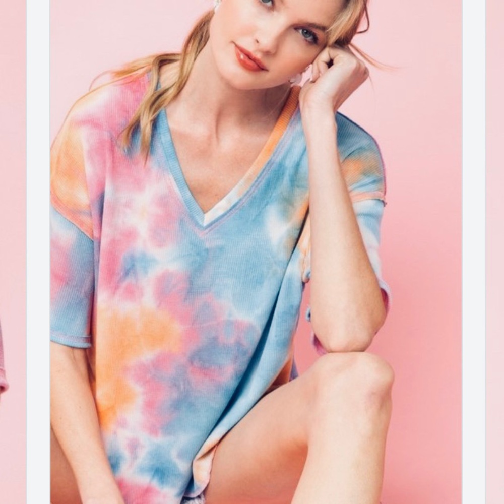 🍭TIE DYE BLUE MULTI WAFFLE KNIT TOP